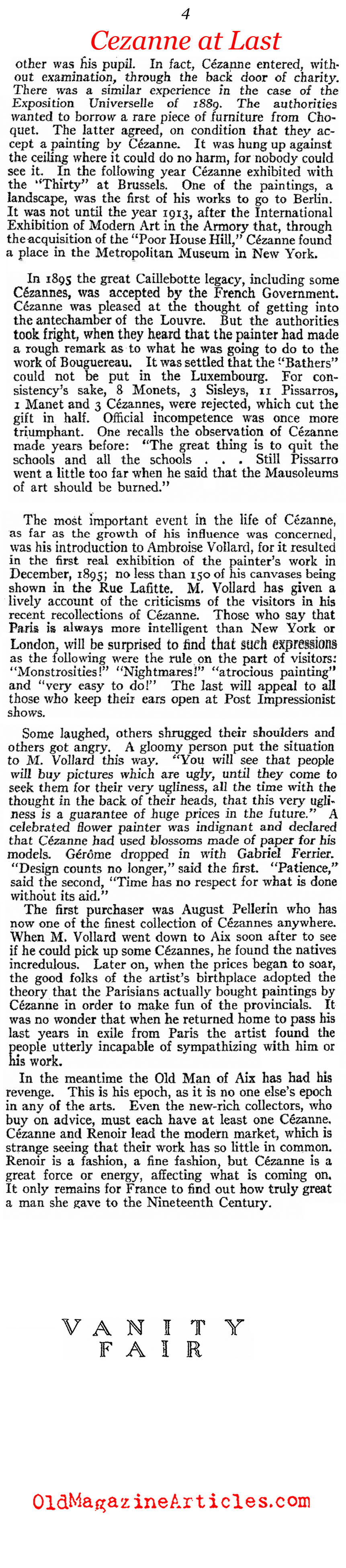 Paul Cezanne Gets His American Viewing  (Vanity Fair Magazine, 1915)